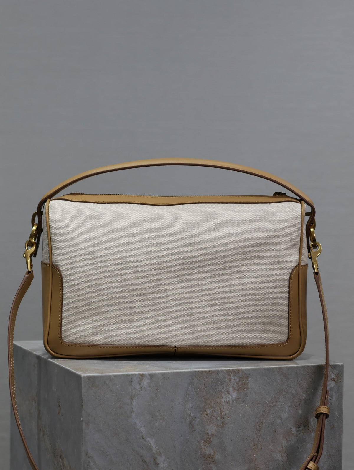 Saint Laurent Camera Supple Bag 28 in White Canvas and Brown Calfskin Trim