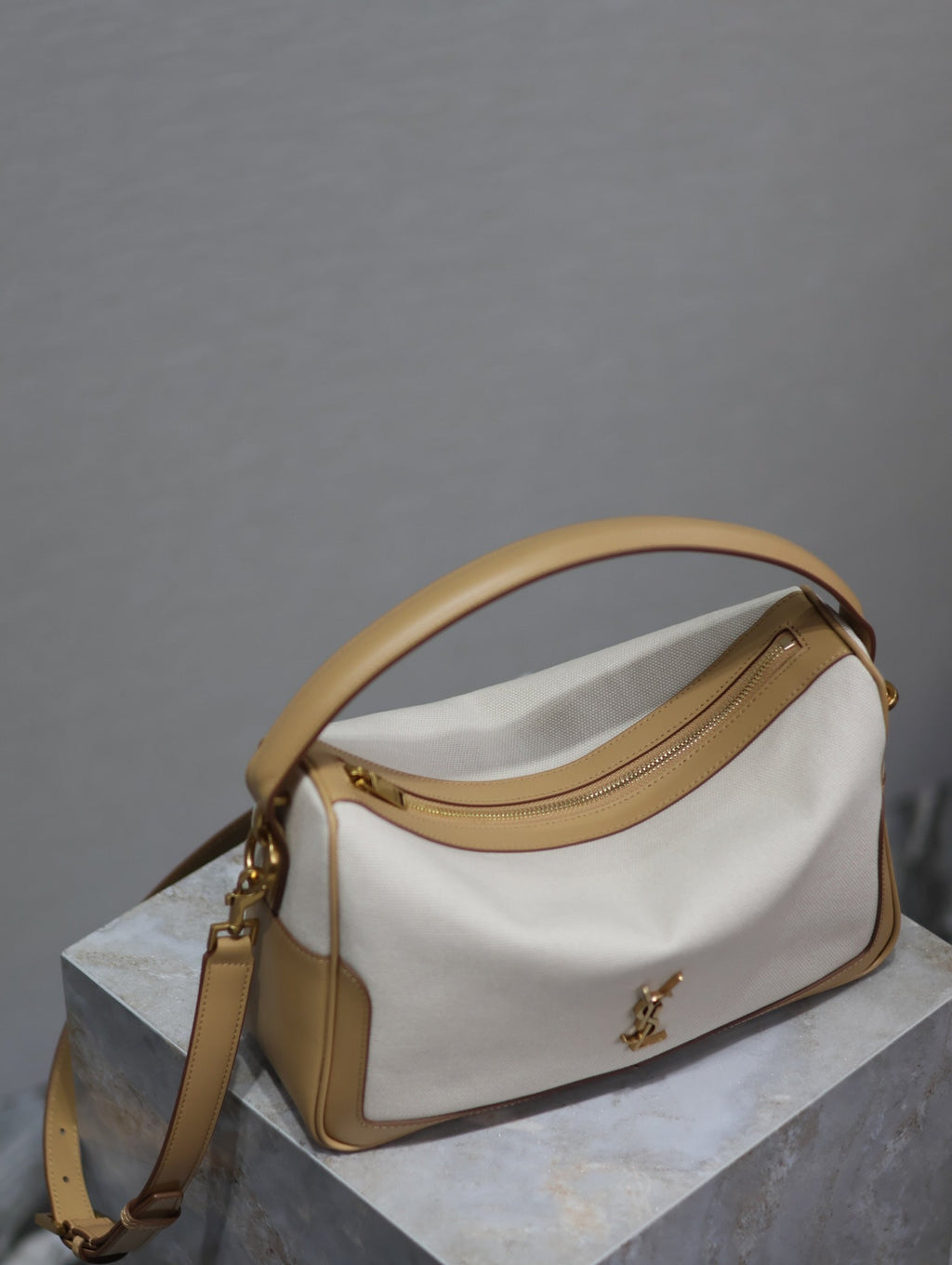 Saint Laurent Camera Supple Bag 28 in White Canvas and Brown Calfskin Trim