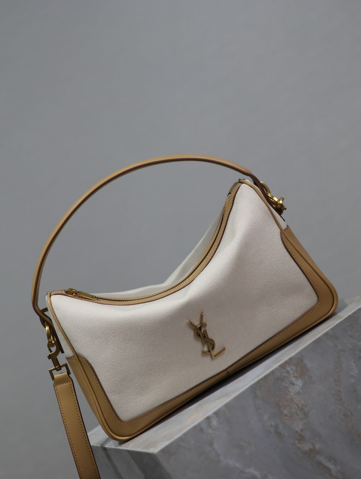 Saint Laurent Camera Supple Bag 28 in White Canvas and Brown Calfskin Trim