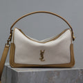 Saint Laurent Camera Supple Bag 28 in White Canvas and Brown Calfskin Trim