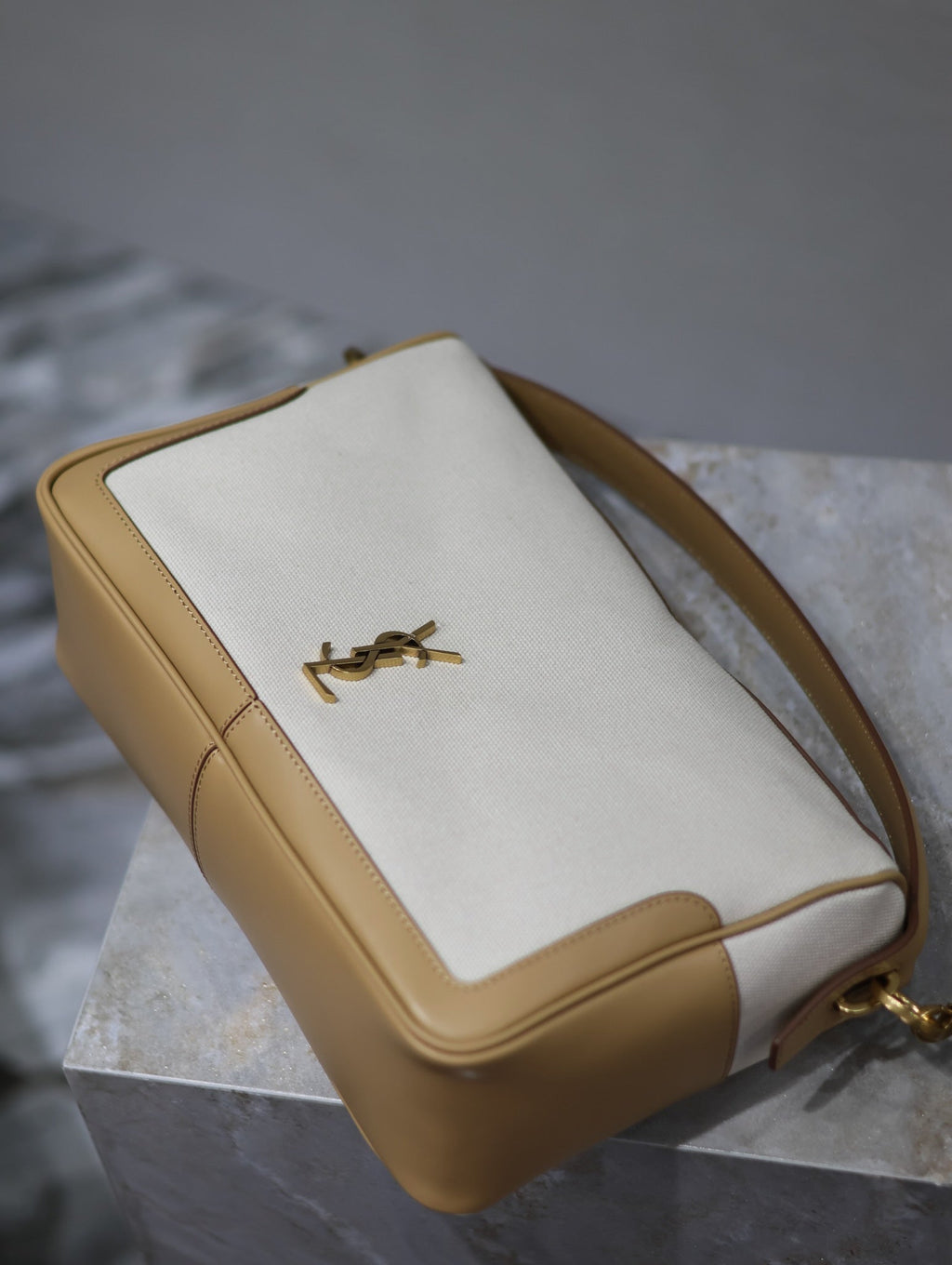 Saint Laurent Camera Supple Bag 28 in White Canvas and Brown Calfskin Trim