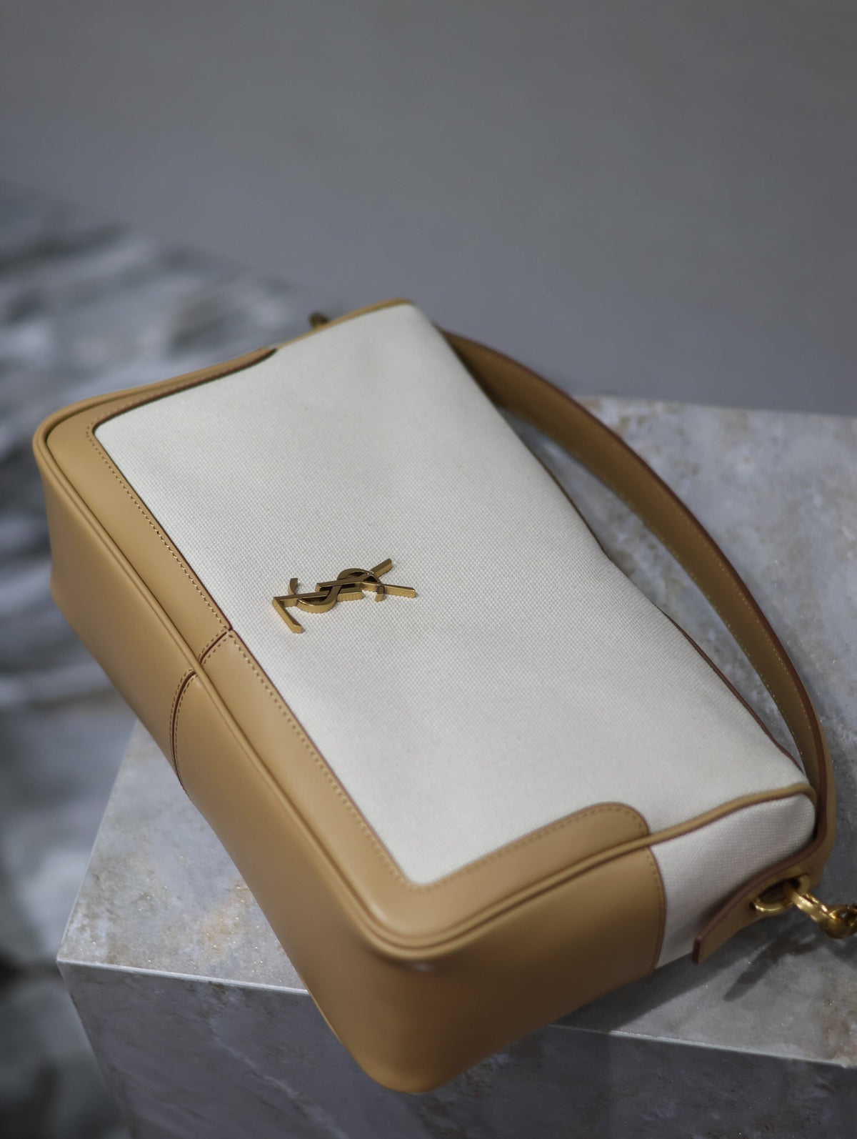 Saint Laurent Camera Supple Bag 28 in White Canvas and Brown Calfskin Trim