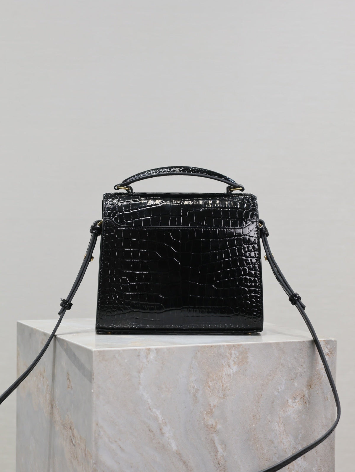 Saint Laurent Cassandra Mini Top Handle Bag 20 in Black Crocodile-Embossed Glossy Calfskin