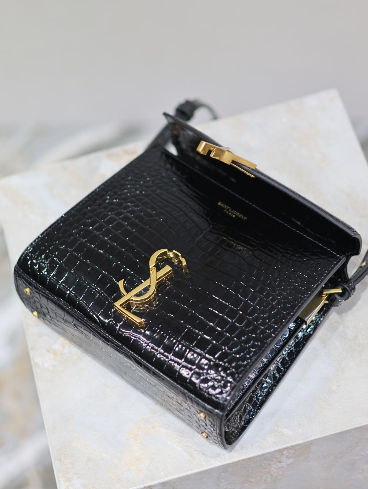Saint Laurent Cassandra Mini Top Handle Bag 20 in Black Crocodile-Embossed Glossy Calfskin