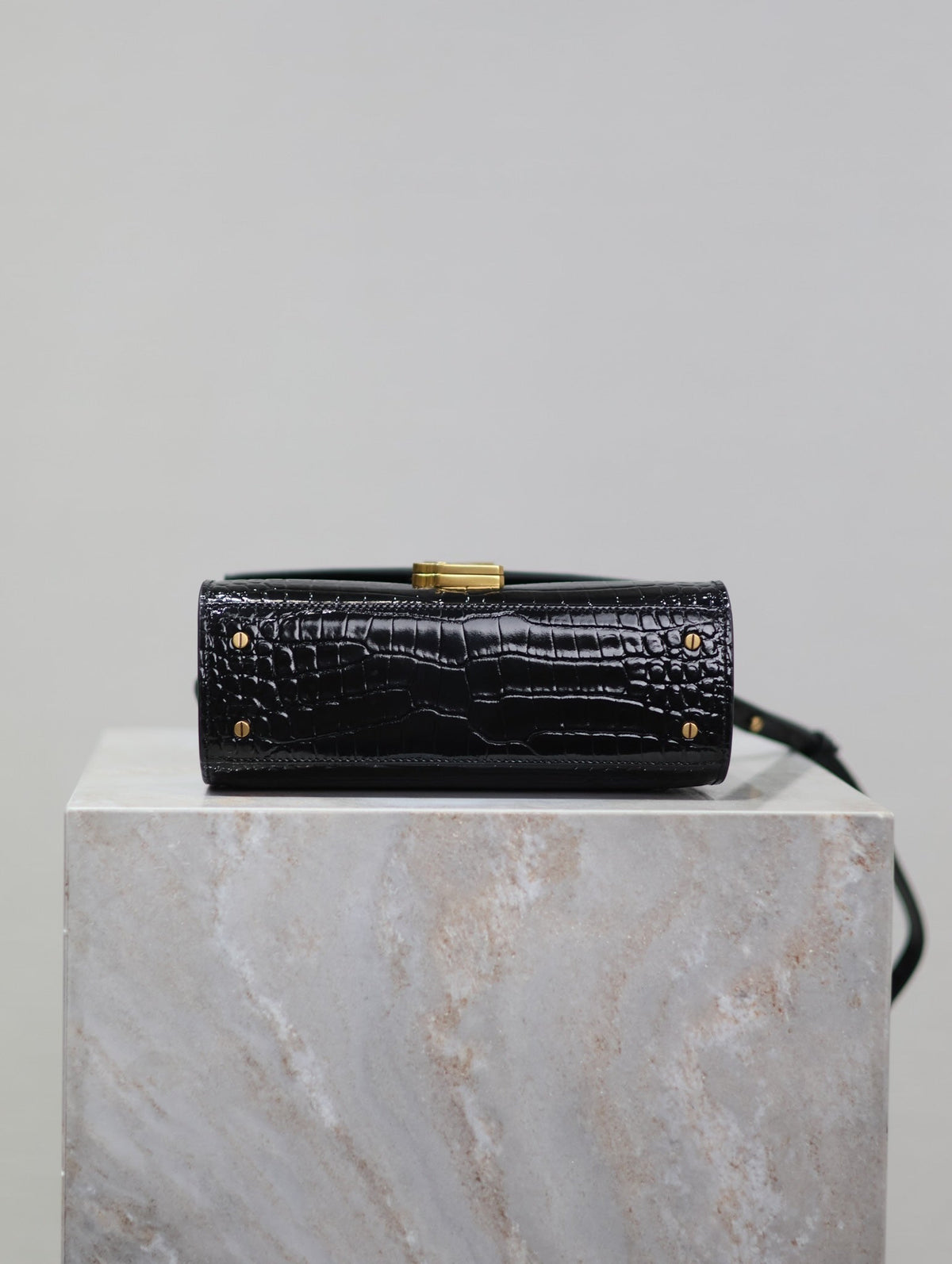 Saint Laurent Cassandra Mini Top Handle Bag 20 in Black Crocodile-Embossed Glossy Calfskin