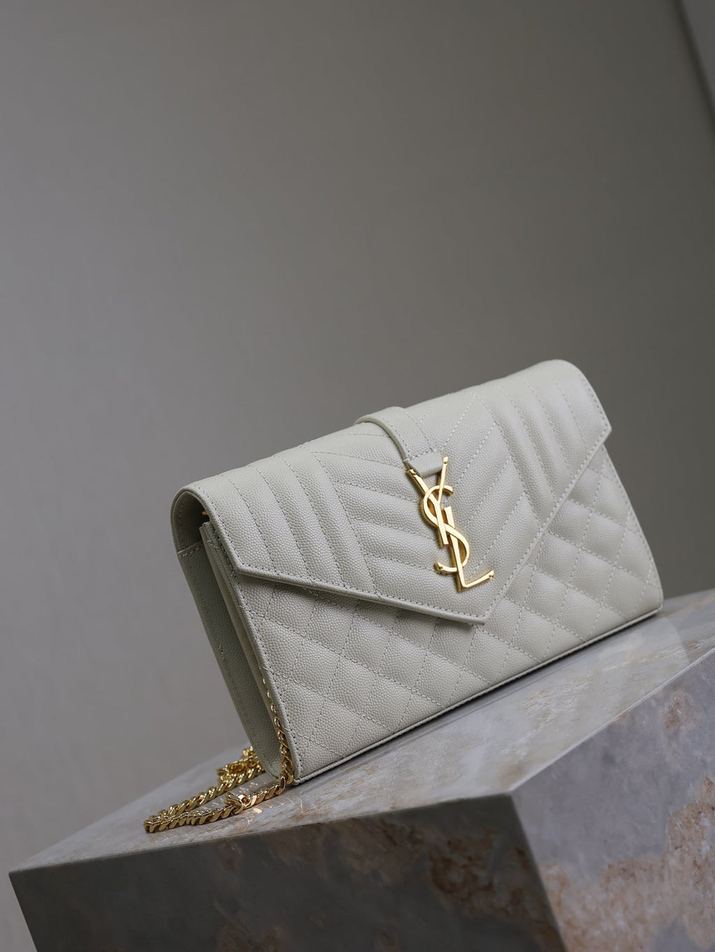 Saint Laurent Envelope Chain Bag 22 in White Lambskin Gold Hardware
