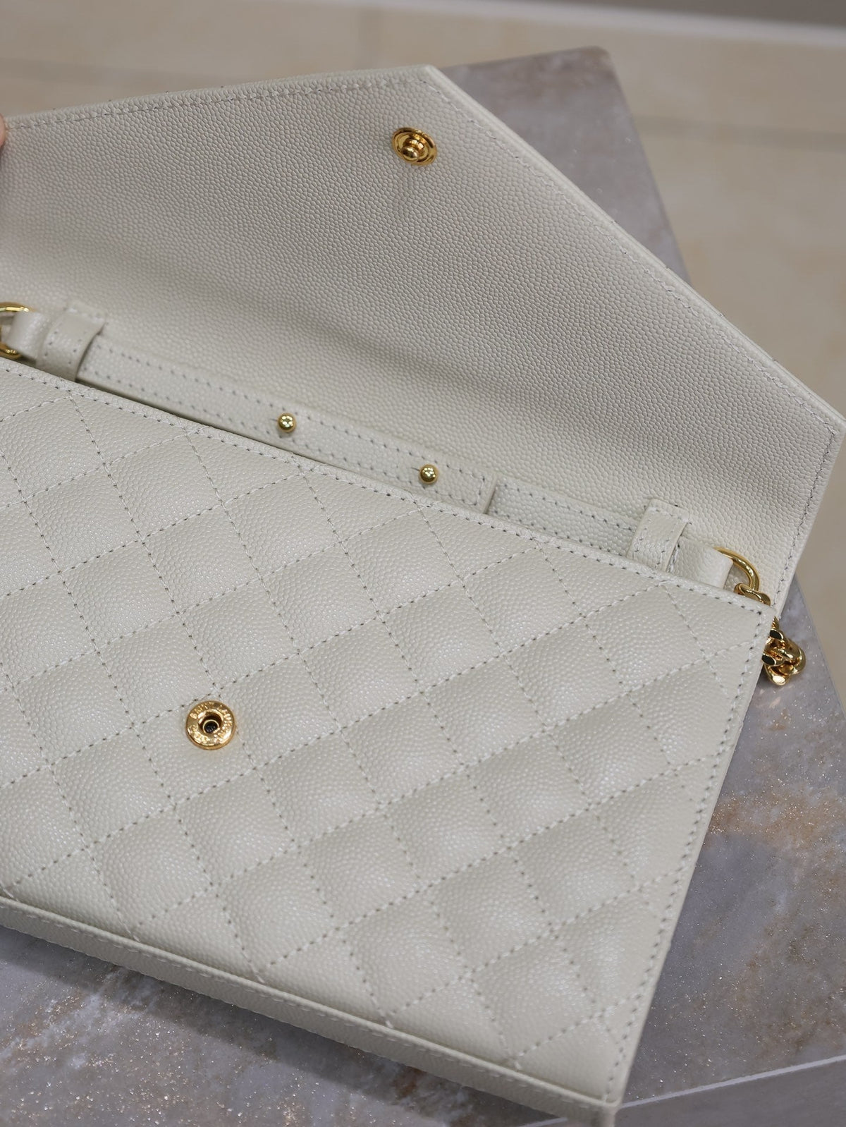 Saint Laurent Envelope Chain Bag 22 in Light Gray Lambskin Gold Hardware