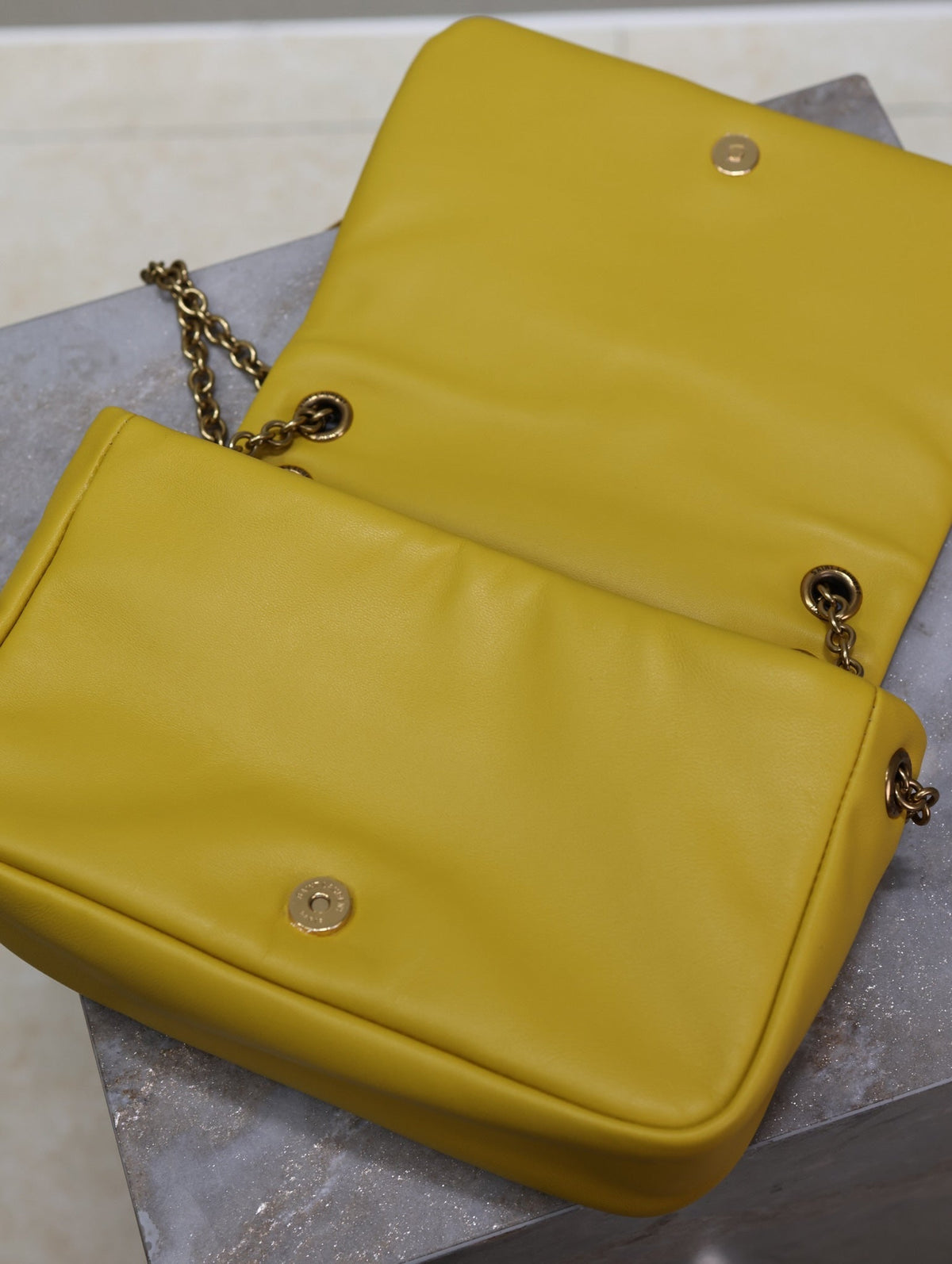Saint Laurent Jamie 4.3 Mini Bag 20 in Mustard Yellow Lambskin Copper Hardware
