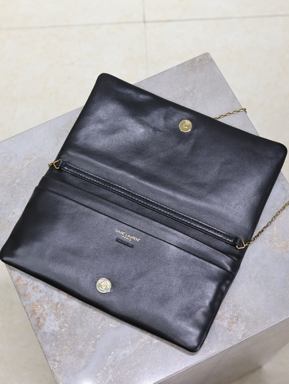 Saint Laurent Calypso Pouch 24 in Black Lambskin Gold Logo