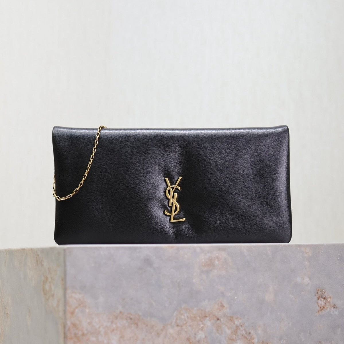 Saint Laurent Calypso Pouch 24 in Black Lambskin Gold Logo