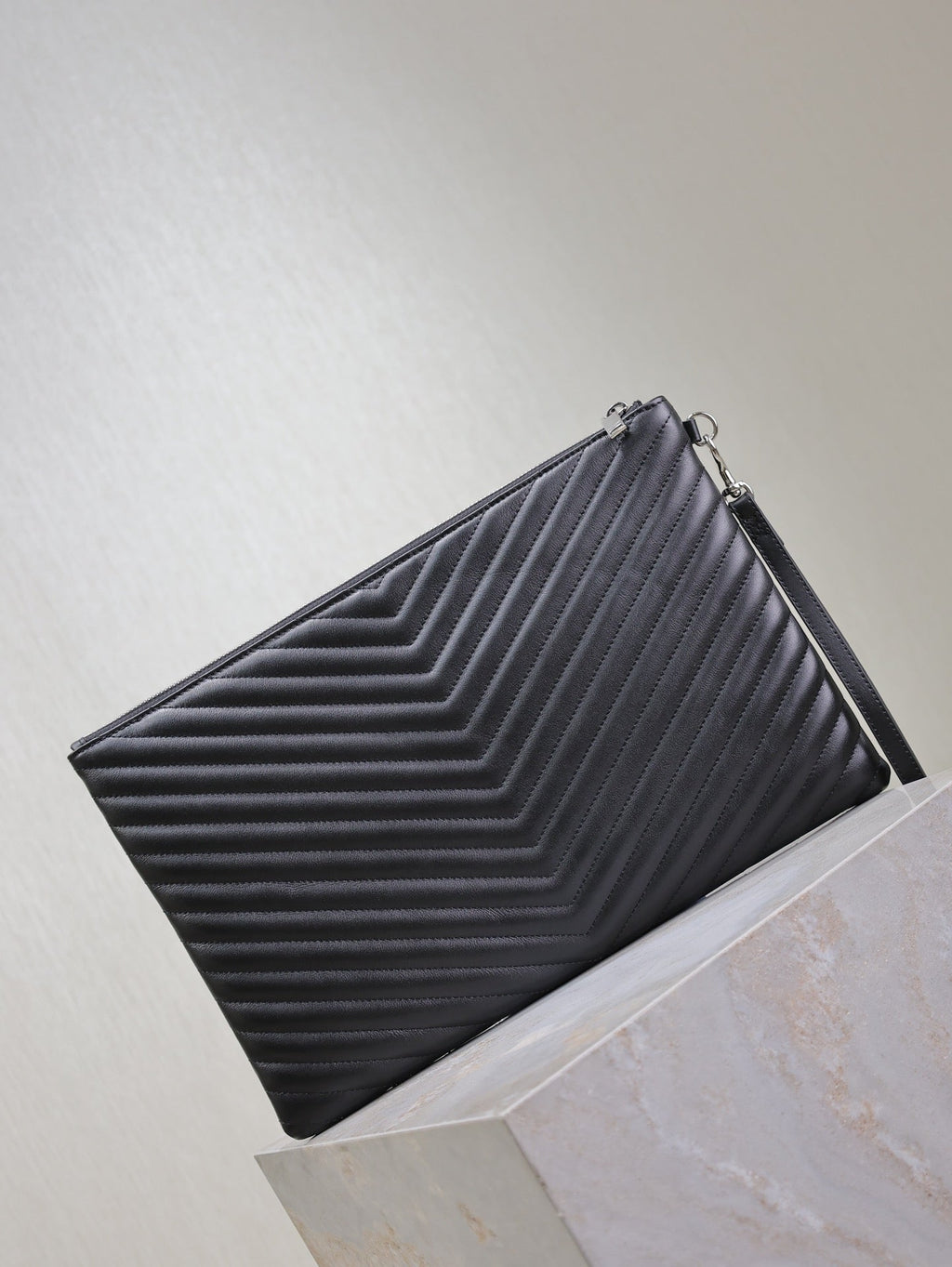 Saint Laurent Clutch 36 in Black Quilted Calfskin Silver Buckle