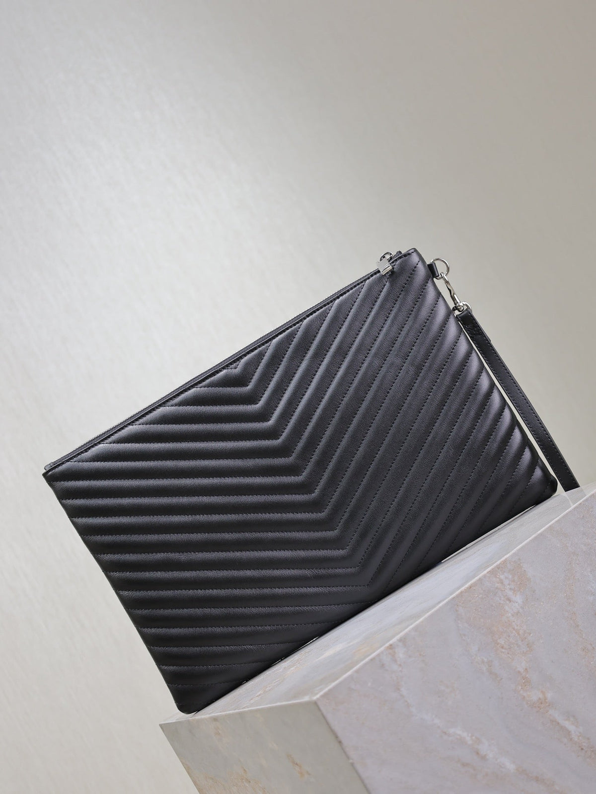 Saint Laurent Clutch 36 in Black Quilted Calfskin Silver Buckle