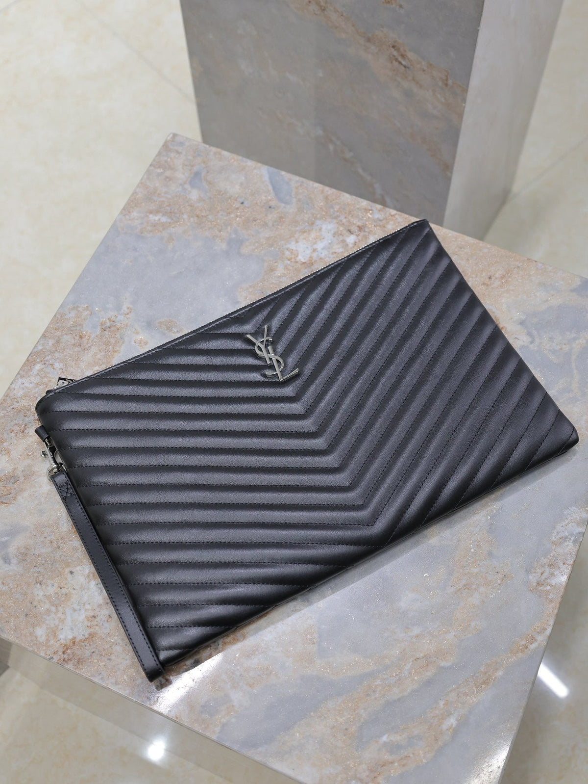 Saint Laurent Clutch 36 in Black Quilted Calfskin Silver Buckle