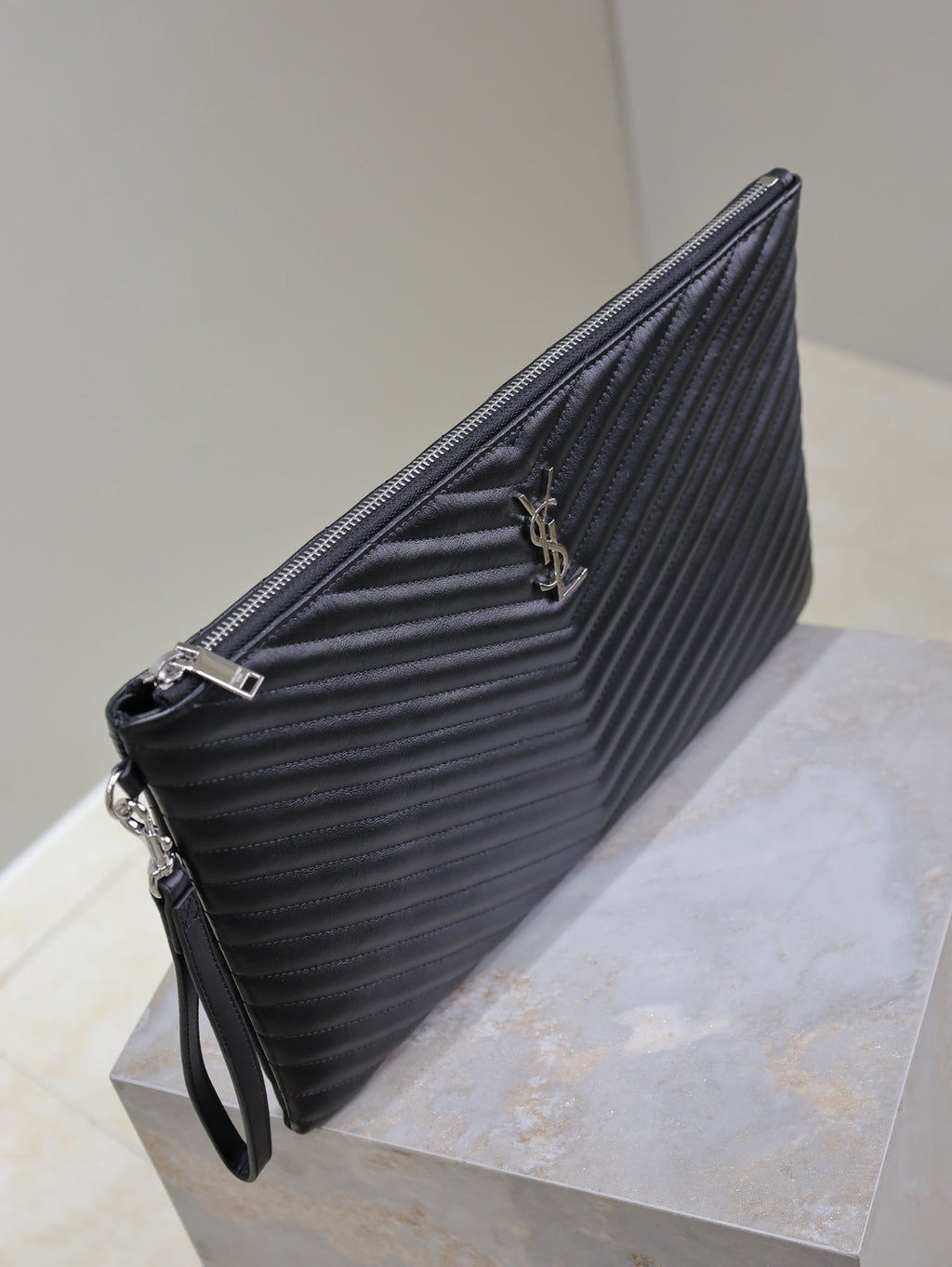 Saint Laurent Clutch 36 in Black Quilted Calfskin Silver Buckle