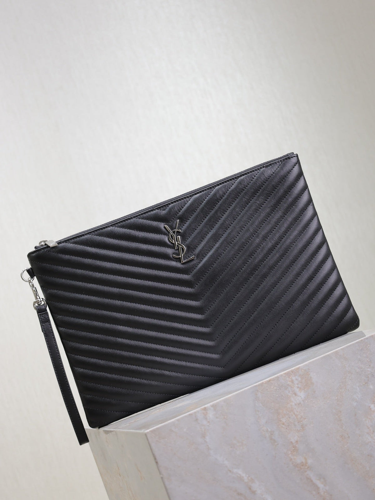 Saint Laurent Clutch 36 in Black Quilted Calfskin Silver Buckle