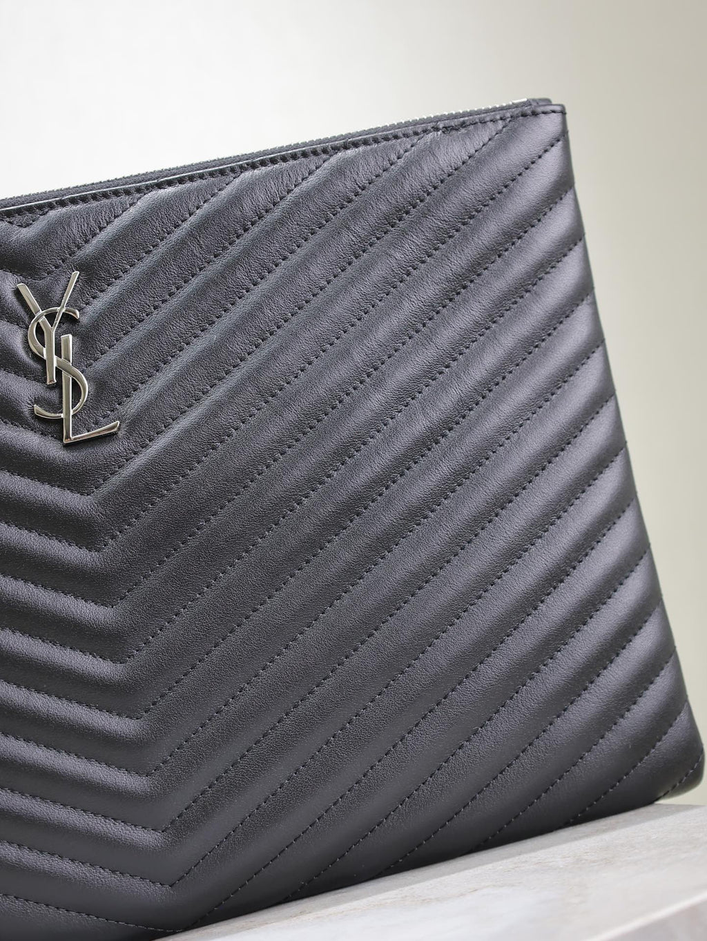 Saint Laurent Clutch 36 in Black Quilted Calfskin Silver Buckle