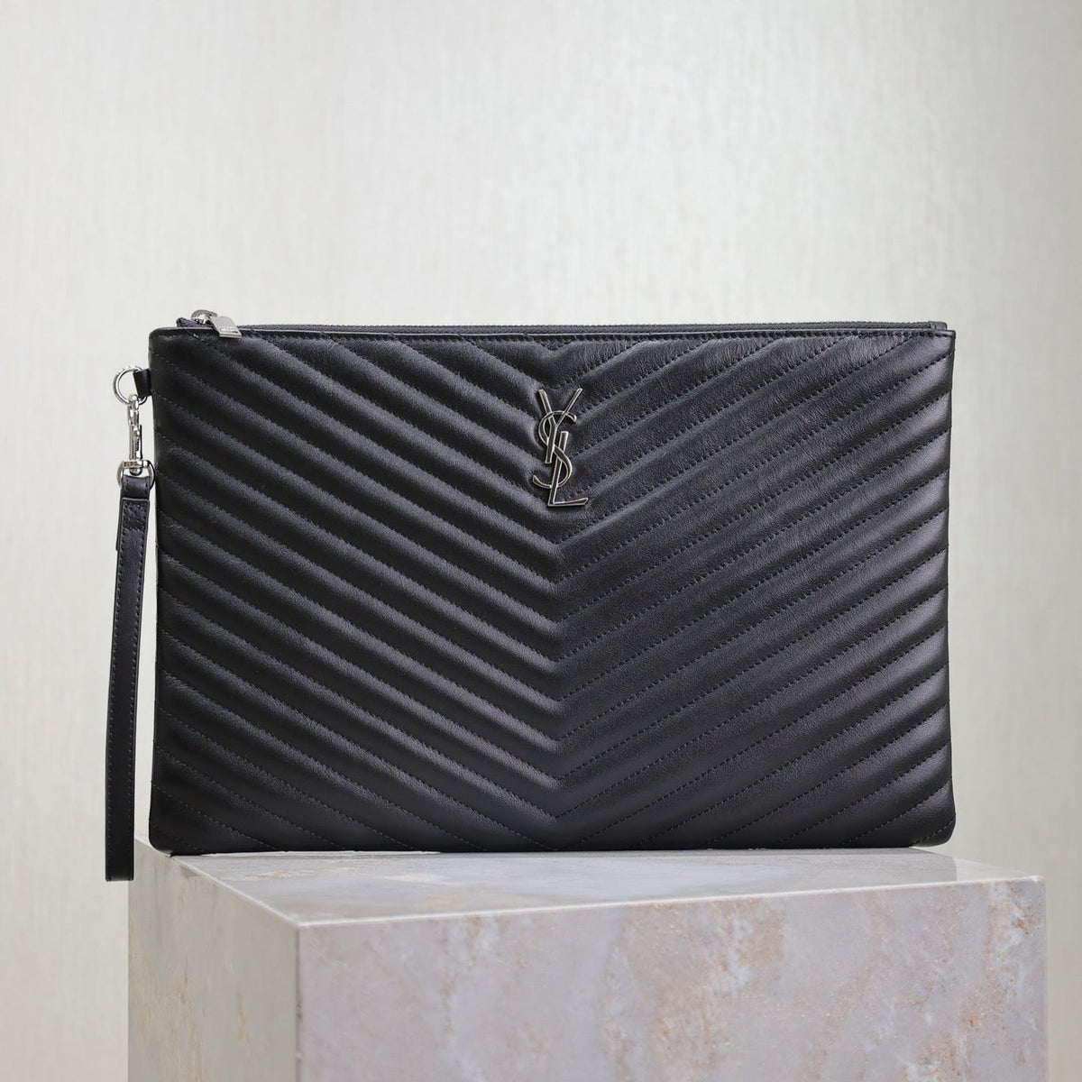 Saint Laurent Clutch 36 in Black Quilted Calfskin Silver Buckle