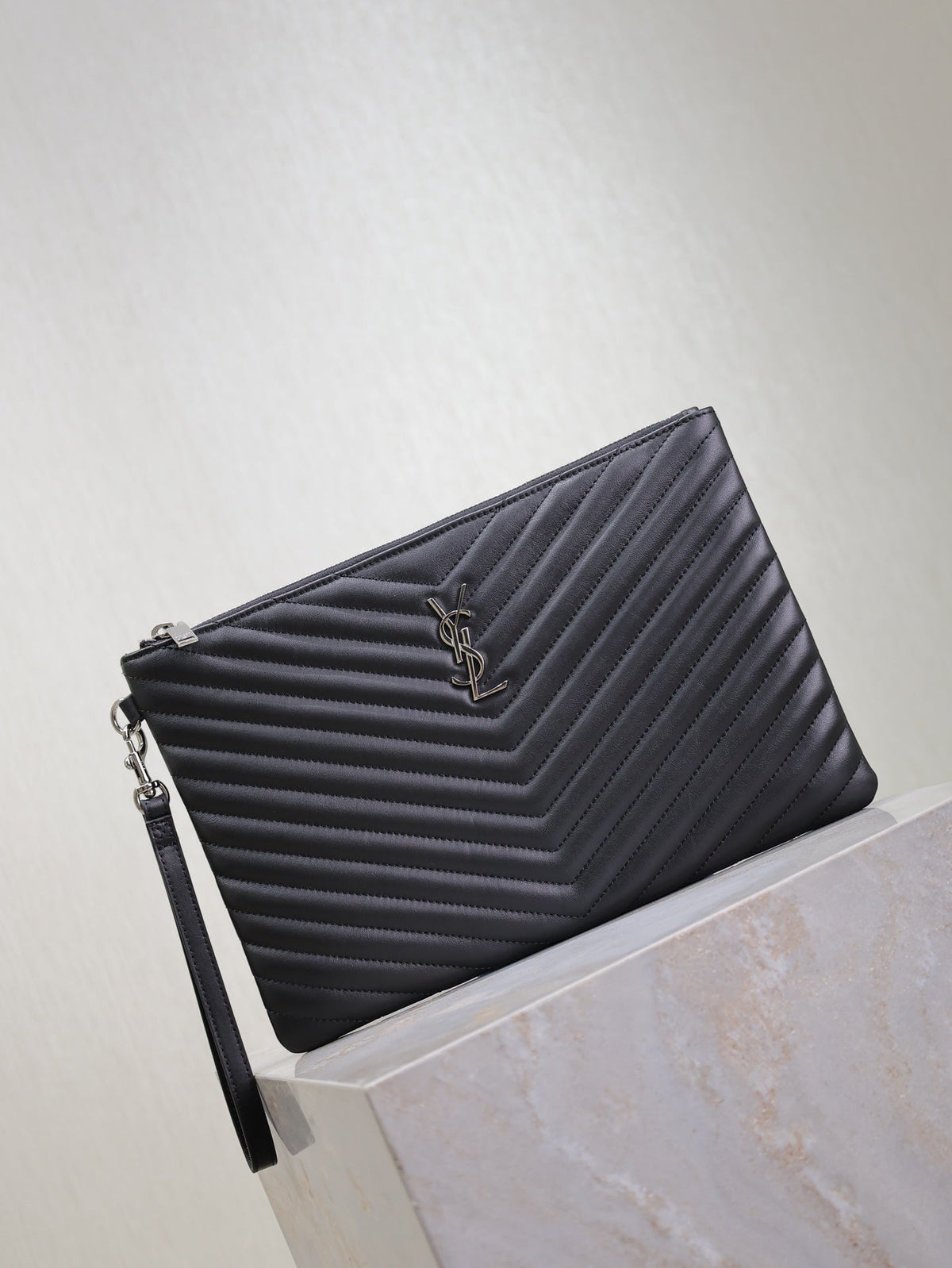 Saint Laurent Clutch 30 in Black Quilted Calfskin Silver Buckle