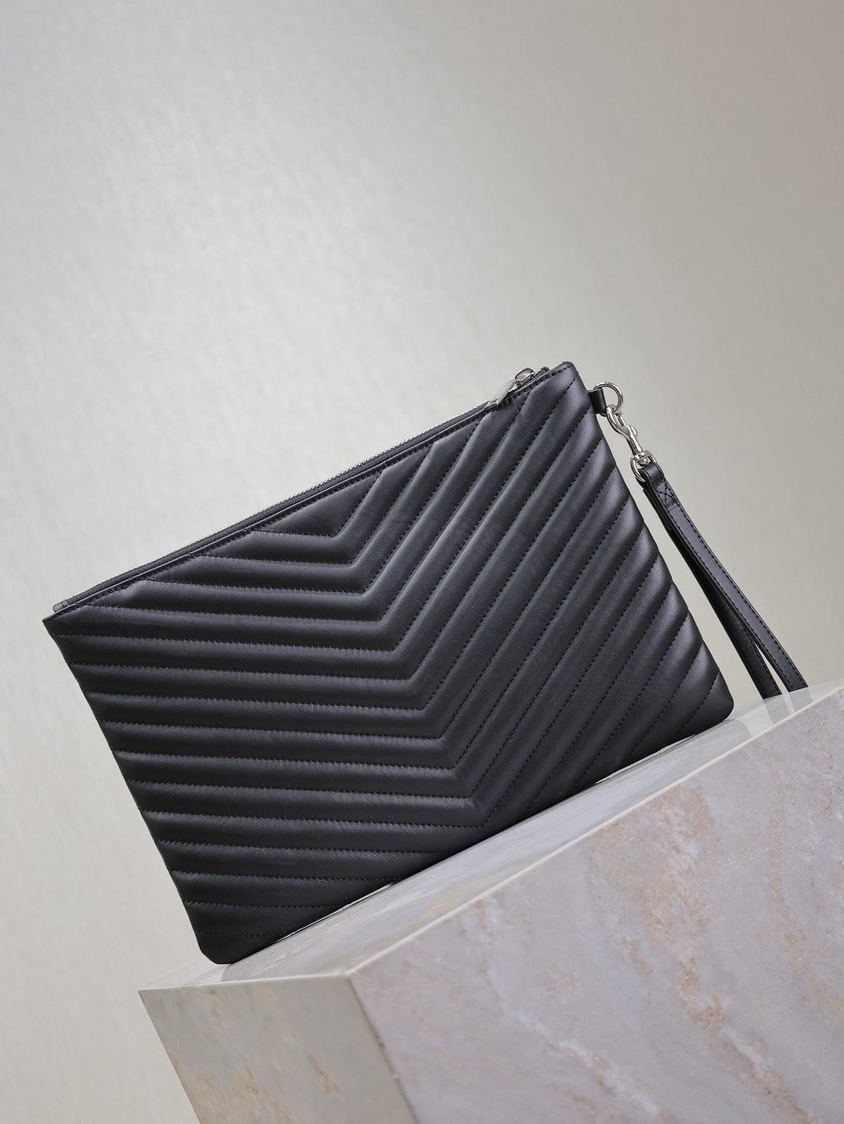 Saint Laurent Clutch 30 in Black Quilted Calfskin Silver Buckle