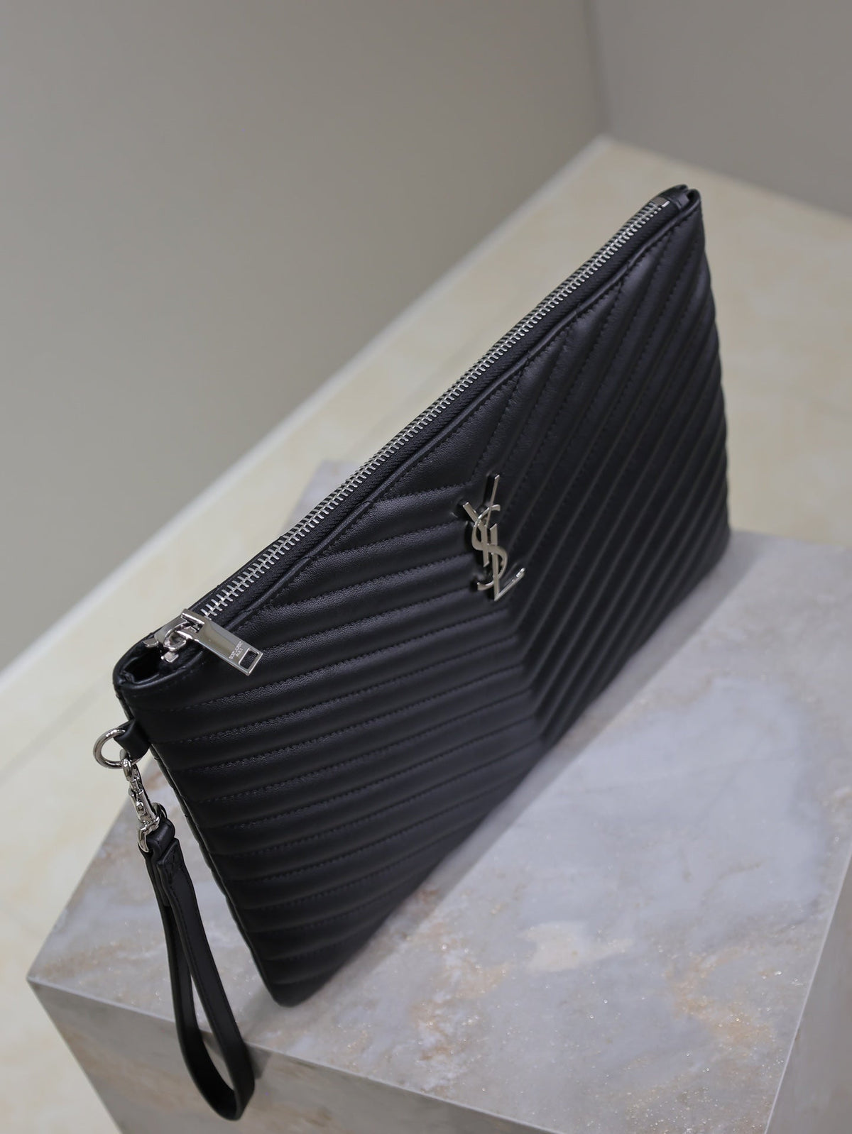 Saint Laurent Clutch 30 in Black Quilted Calfskin Silver Buckle