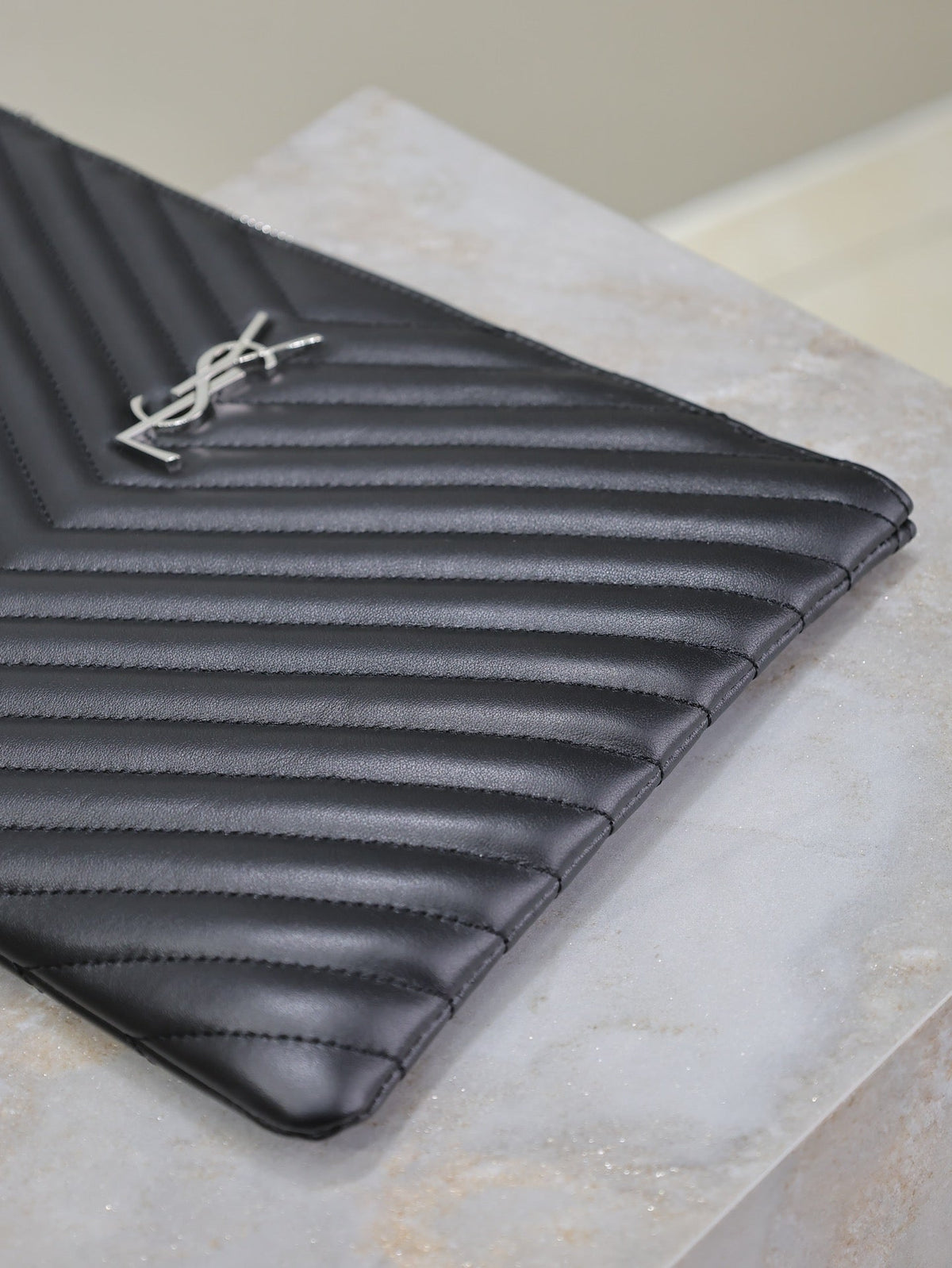 Saint Laurent Clutch 30 in Black Quilted Calfskin Silver Buckle