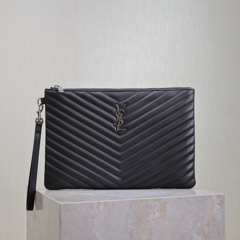 Saint Laurent Clutch 30 in Black Quilted Calfskin Silver Buckle