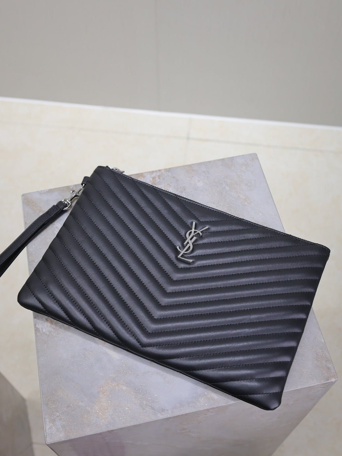 Saint Laurent Clutch 30 in Black Quilted Calfskin Silver Buckle