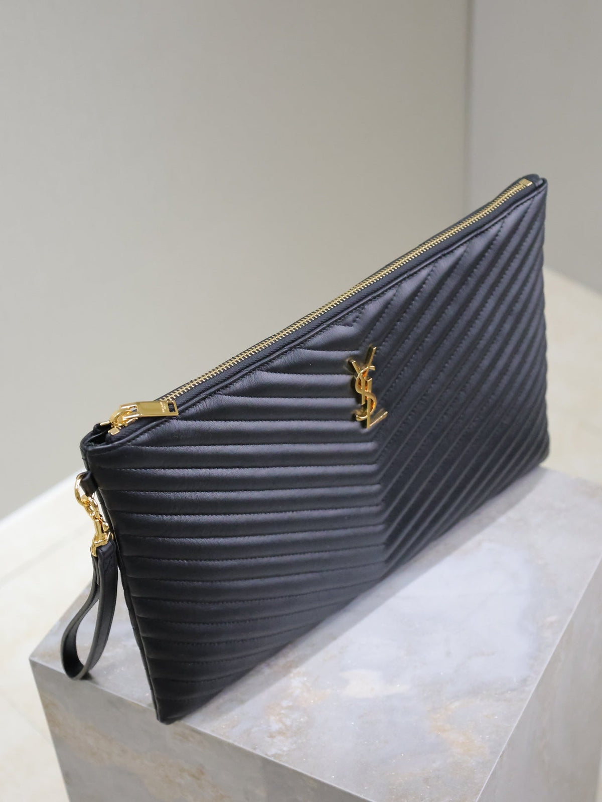 Saint Laurent Clutch 36 in Black Quilted Calfskin Gold Buckle
