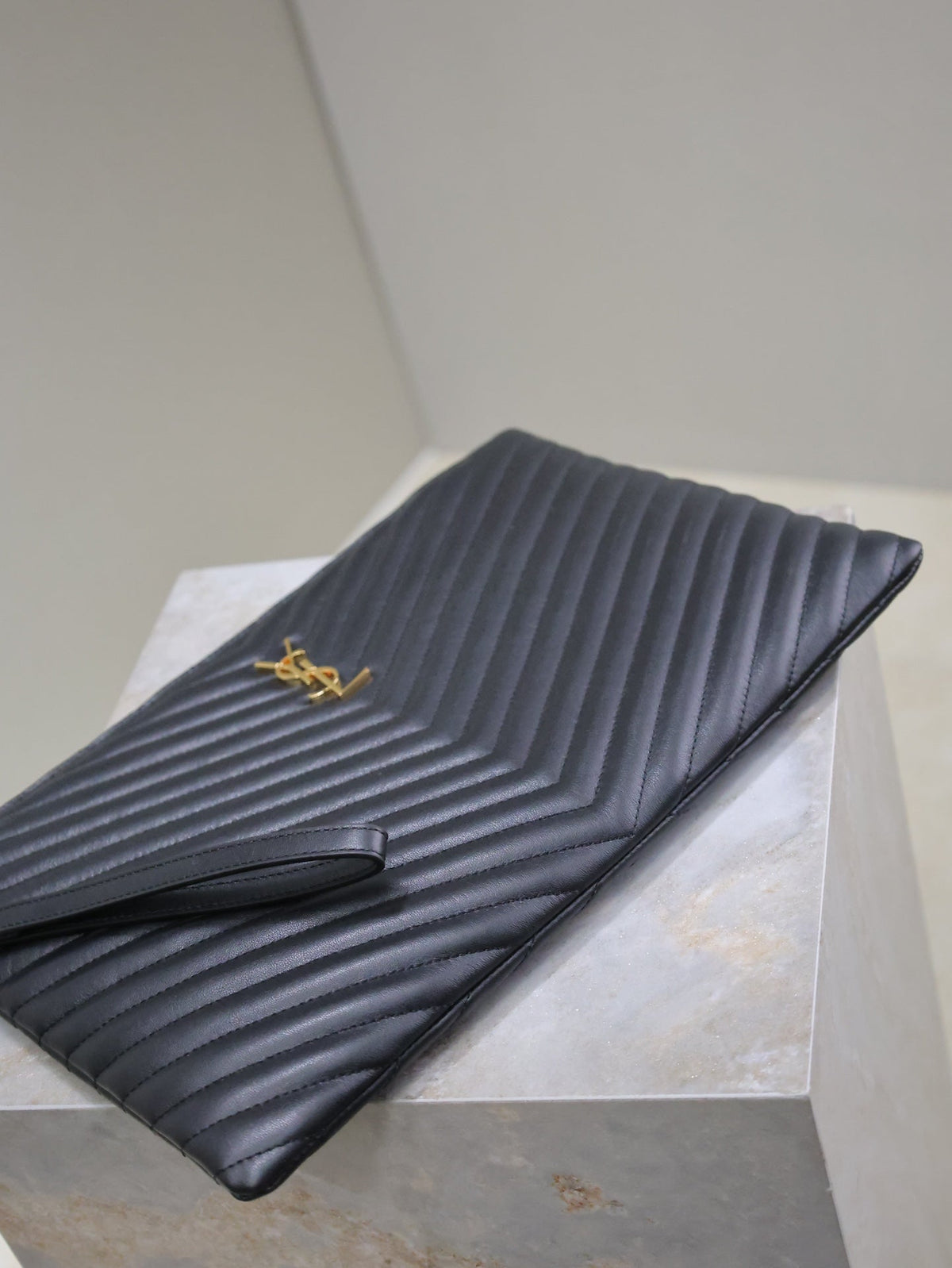 Saint Laurent Clutch 36 in Black Quilted Calfskin Gold Buckle