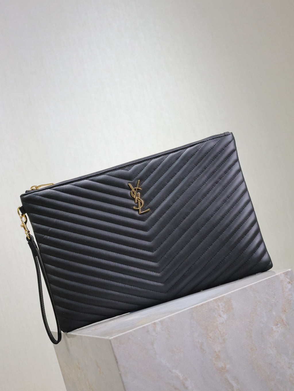 Saint Laurent Clutch 36 in Black Quilted Calfskin Gold Buckle