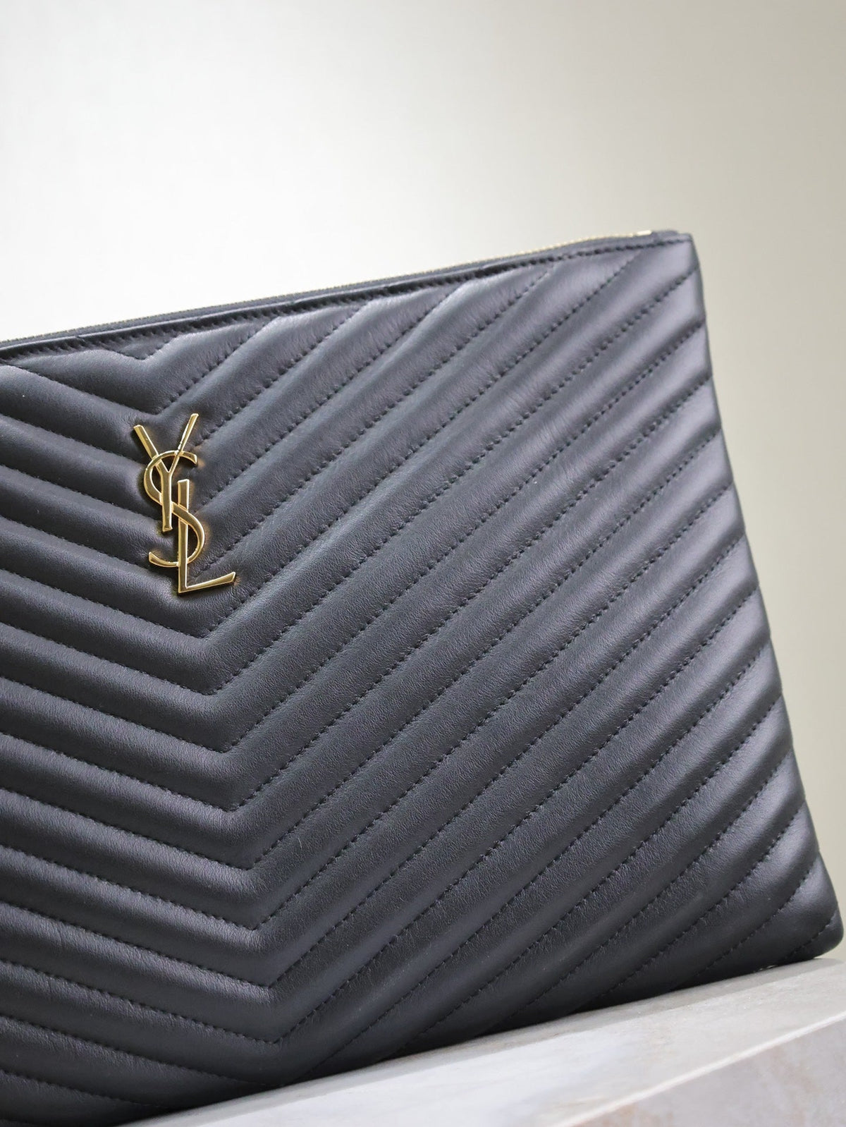 Saint Laurent Clutch 36 in Black Quilted Calfskin Gold Buckle
