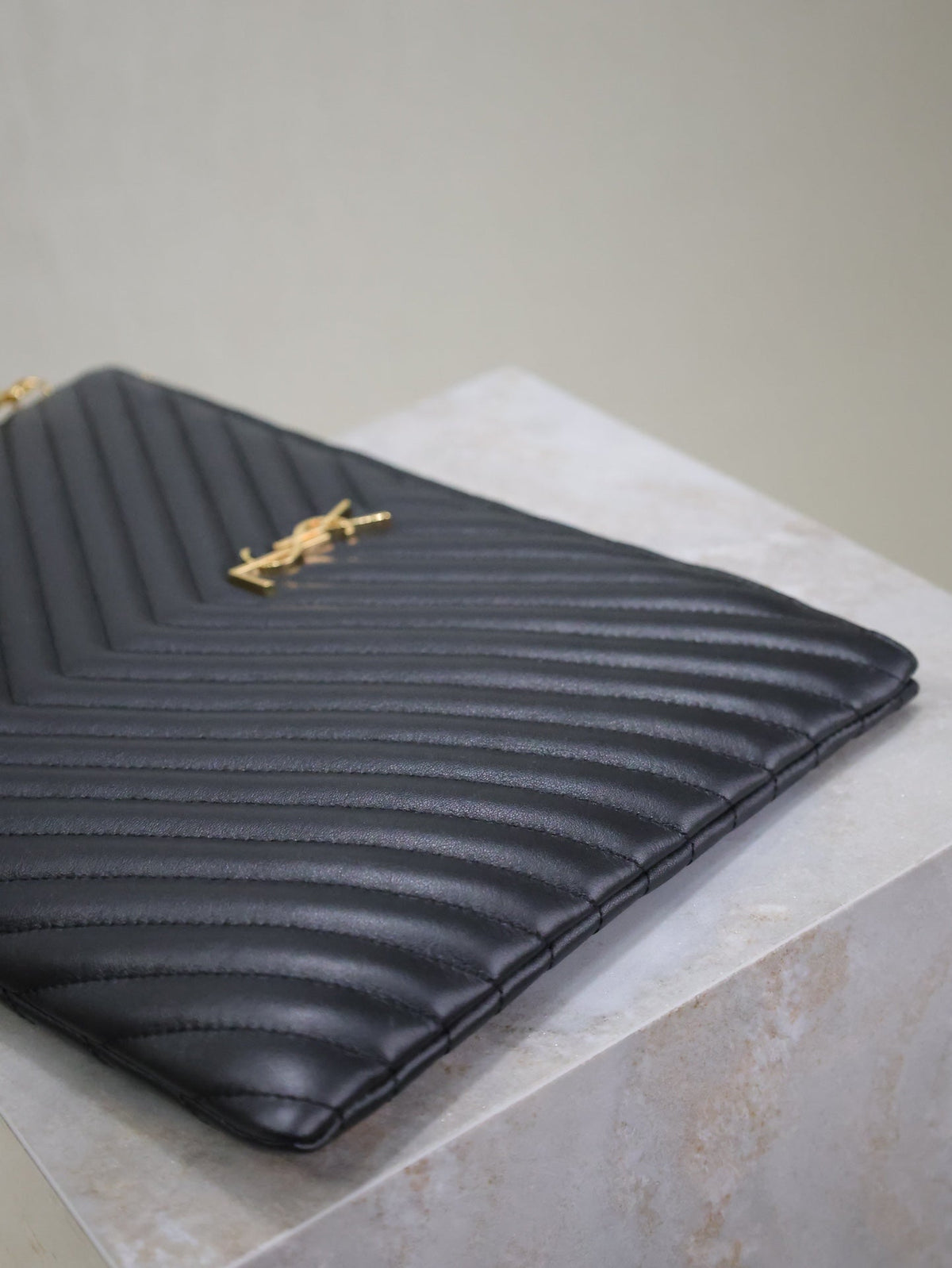 Saint Laurent Clutch 36 in Black Quilted Calfskin Gold Buckle