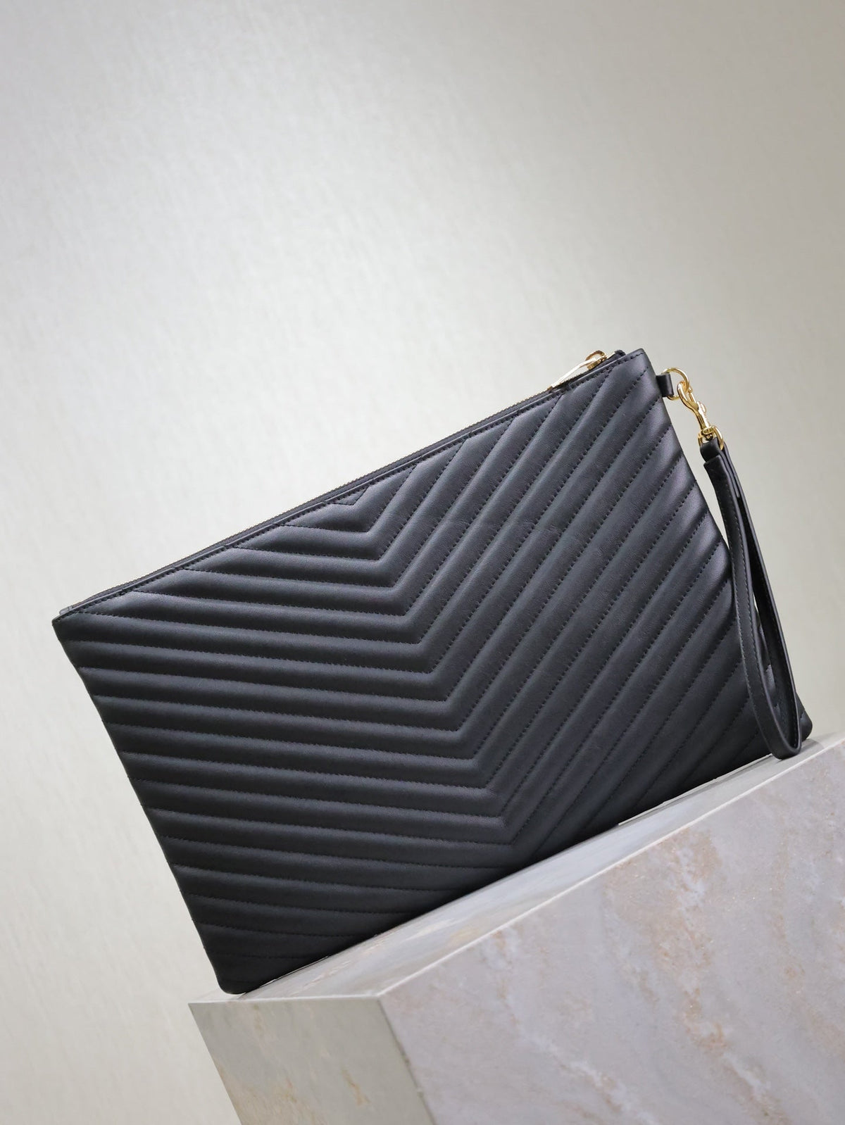 Saint Laurent Clutch 36 in Black Quilted Calfskin Gold Buckle