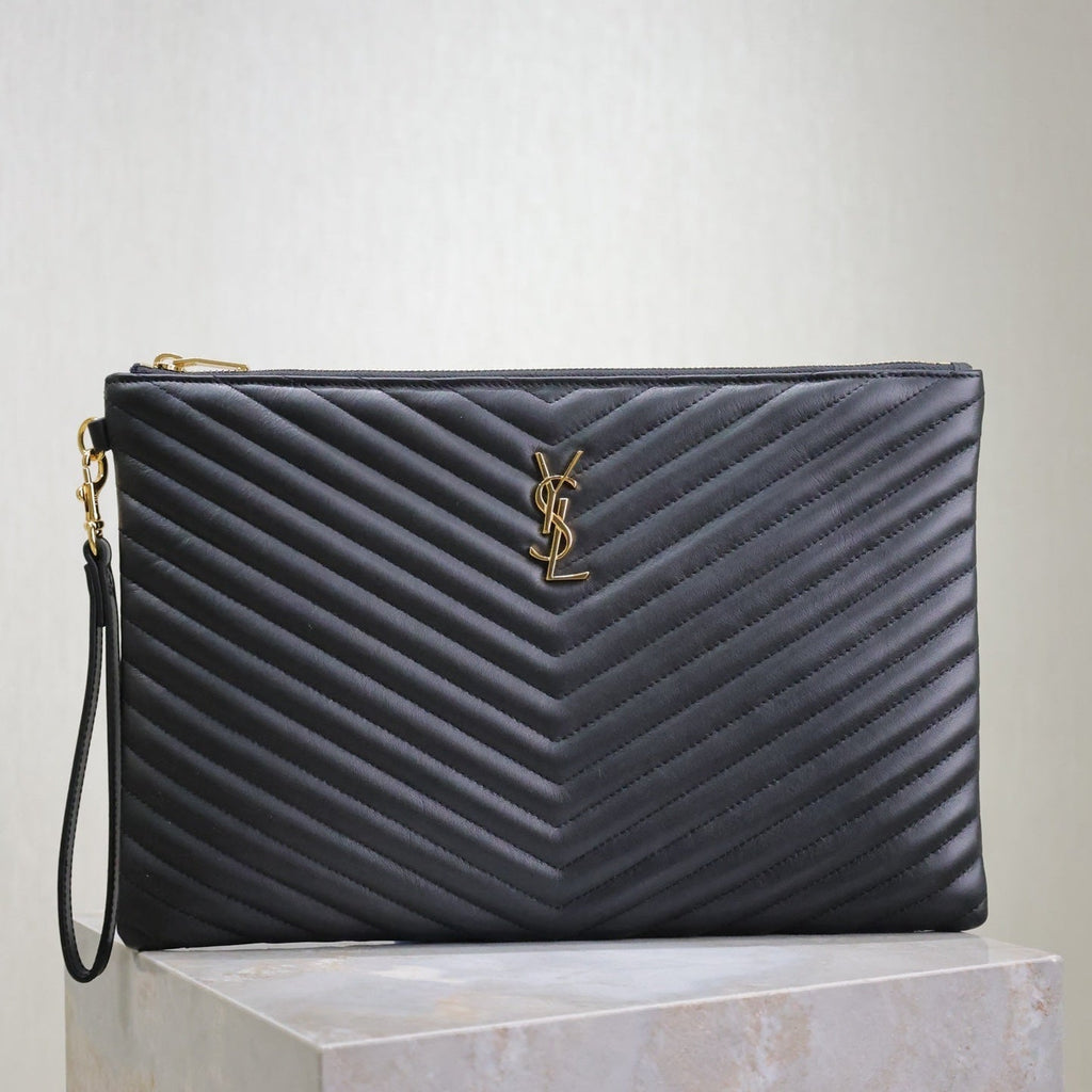 Saint Laurent Clutch 36 in Black Quilted Calfskin Gold Buckle