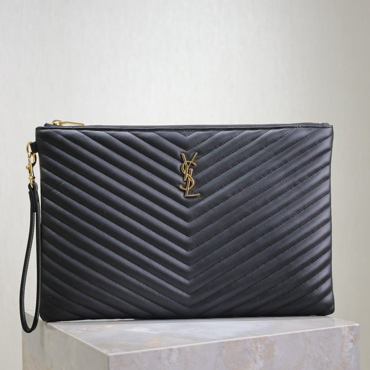 Saint Laurent Clutch 36 in Black Quilted Calfskin Gold Buckle