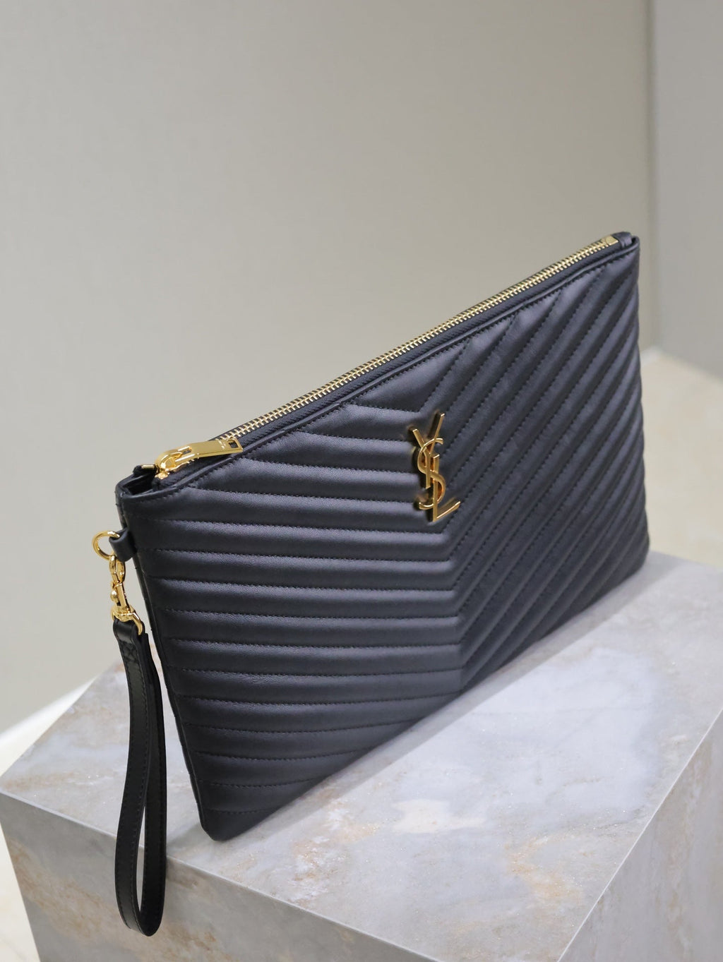 Saint Laurent Clutch 30 in Black Quilted Calfskin Gold Buckle