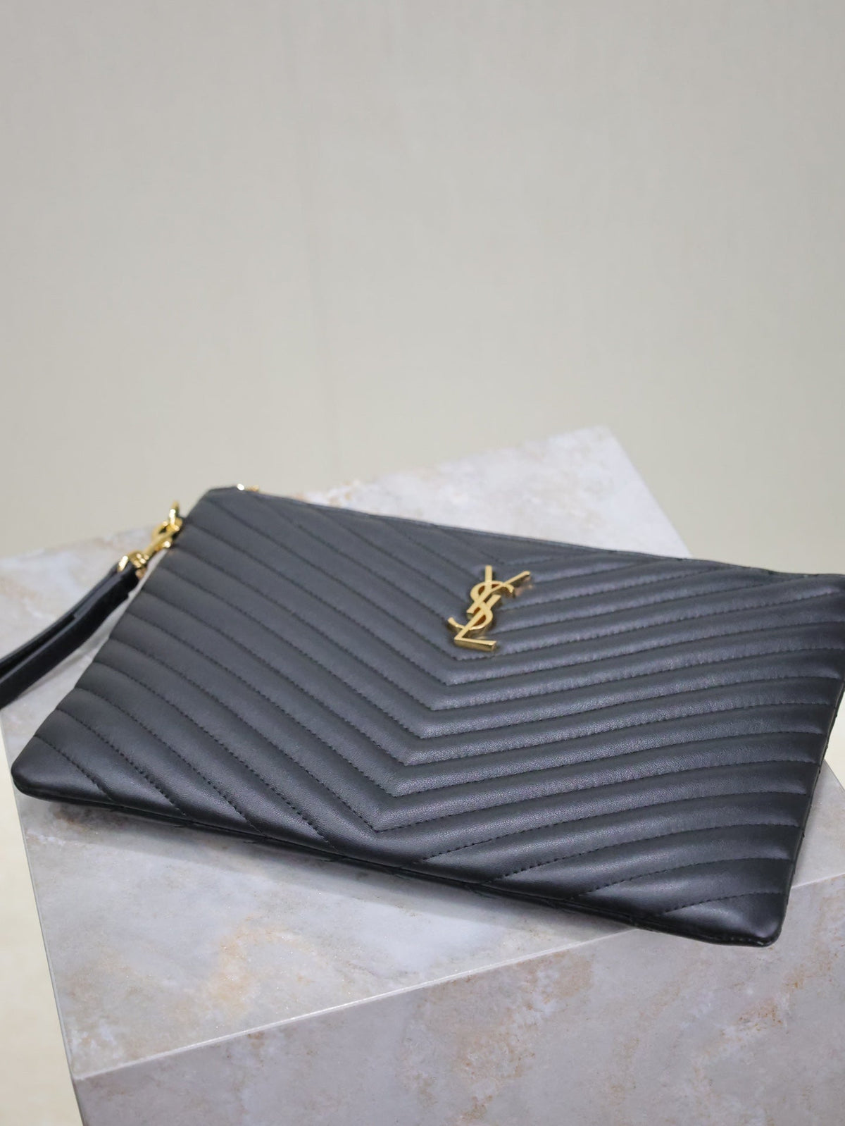 Saint Laurent Clutch 30 in Black Quilted Calfskin Gold Buckle