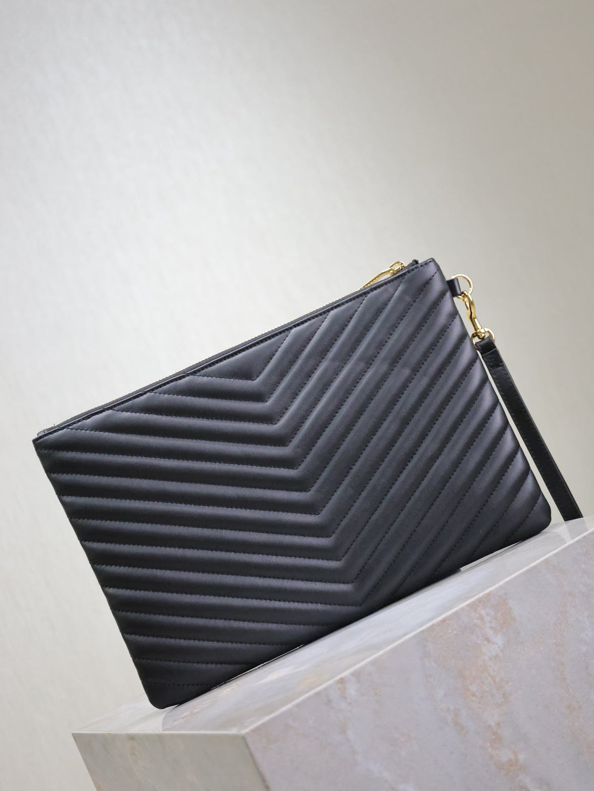 Saint Laurent Clutch 30 in Black Quilted Calfskin Gold Buckle
