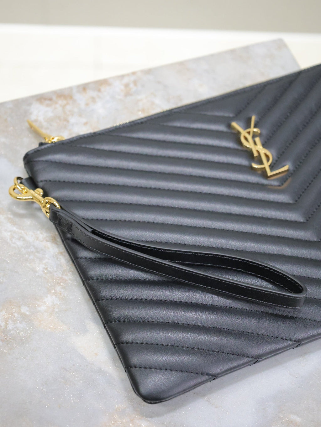 Saint Laurent Clutch 30 in Black Quilted Calfskin Gold Buckle