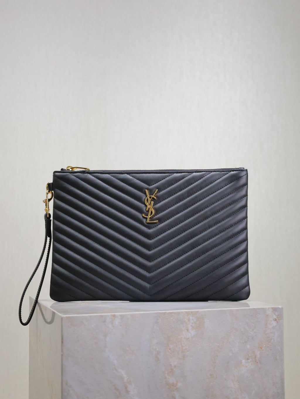 Saint Laurent Clutch 30 in Black Quilted Calfskin Gold Buckle