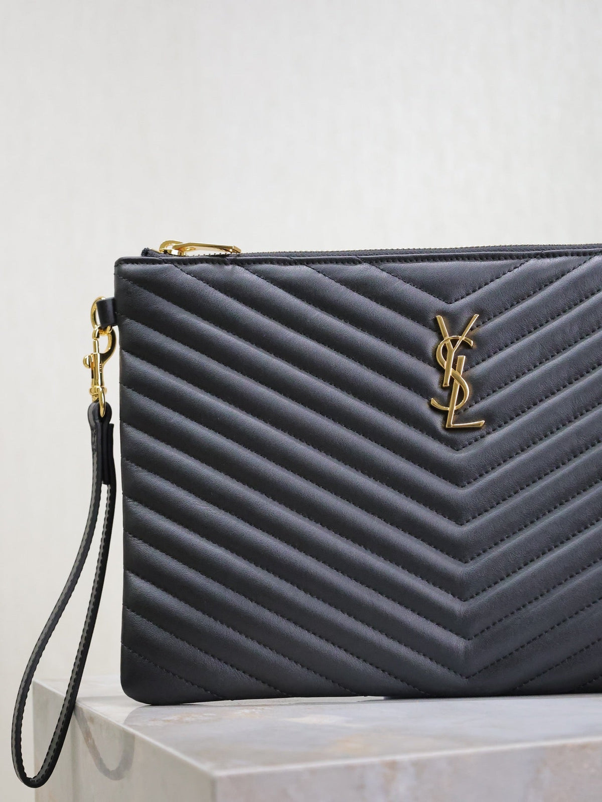 Saint Laurent Clutch 30 in Black Quilted Calfskin Gold Buckle