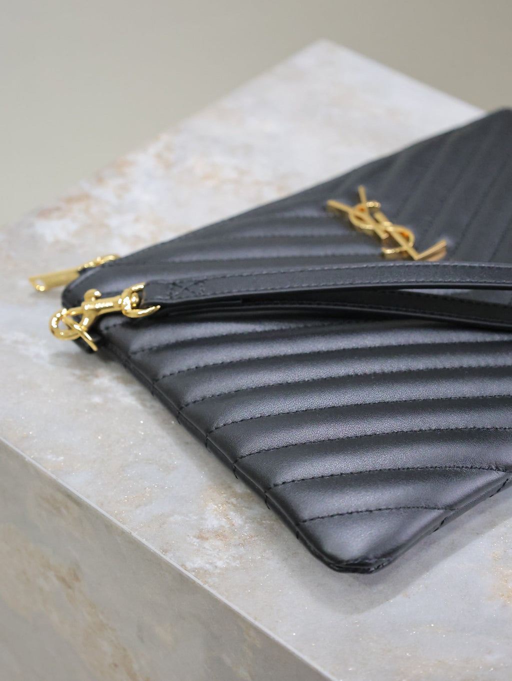 Saint Laurent Clutch 24 in Black Quilted Calfskin Gold Buckle