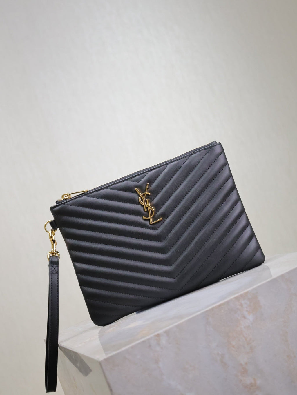 Saint Laurent Clutch 24 in Black Quilted Calfskin Gold Buckle