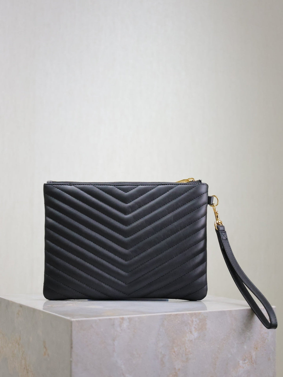 Saint Laurent Clutch 24 in Black Quilted Calfskin Gold Buckle
