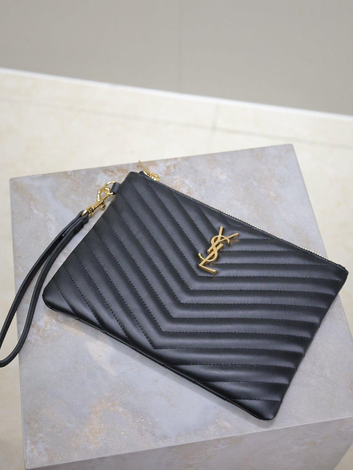 Saint Laurent Clutch 24 in Black Quilted Calfskin Gold Buckle