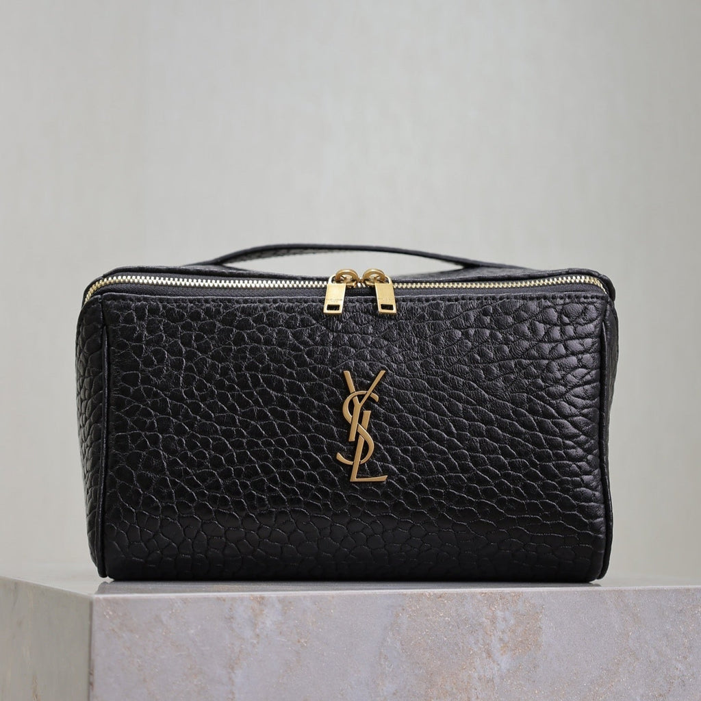 Saint Laurent Comestic Pouch in Black Lambskin Gold Logo
