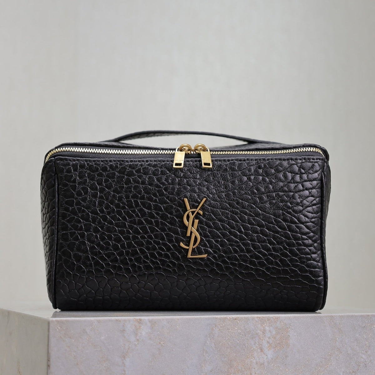 Saint Laurent Comestic Pouch in Black Lambskin Gold Logo