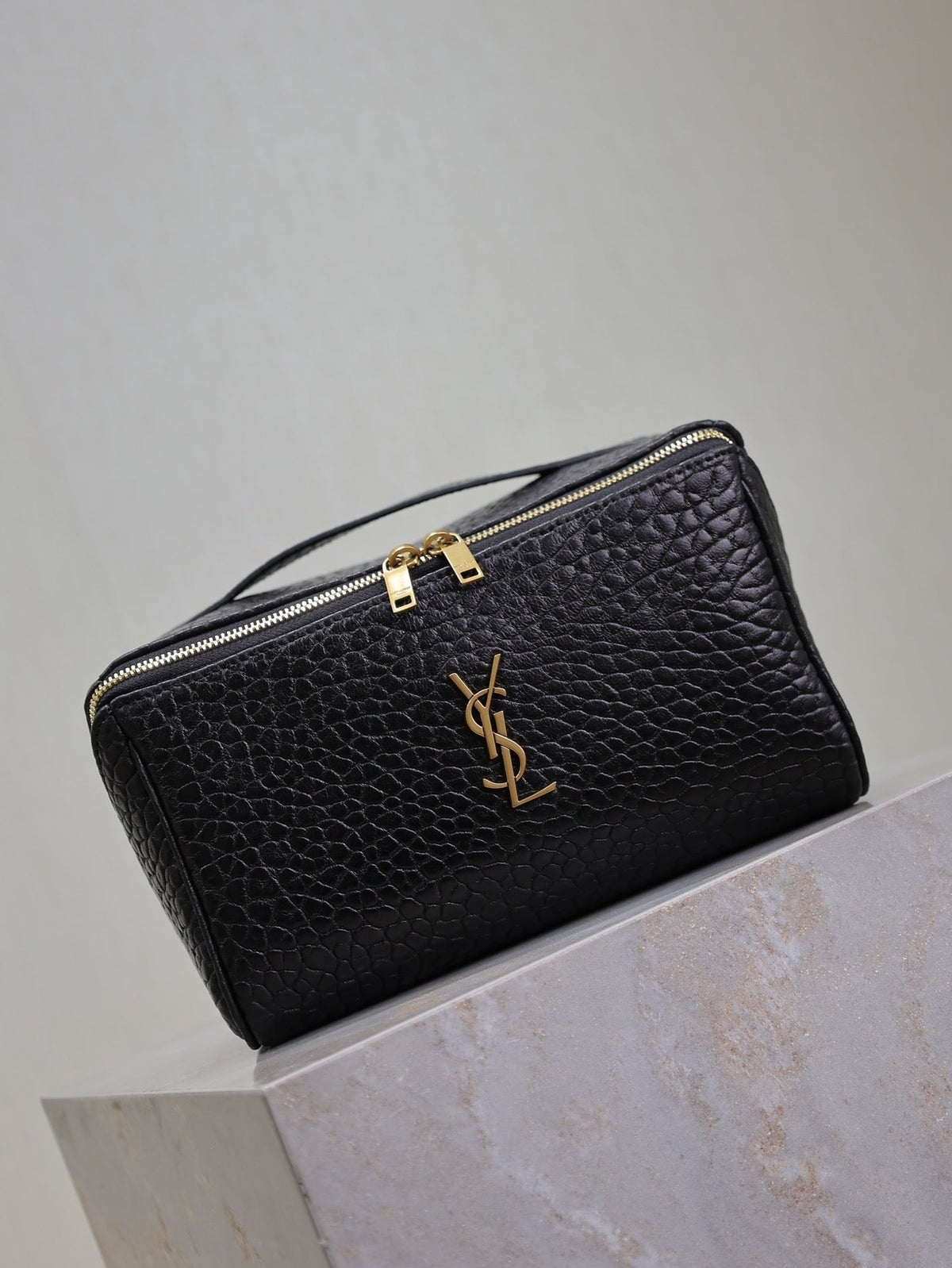 Saint Laurent Comestic Pouch in Black Lambskin Gold Logo
