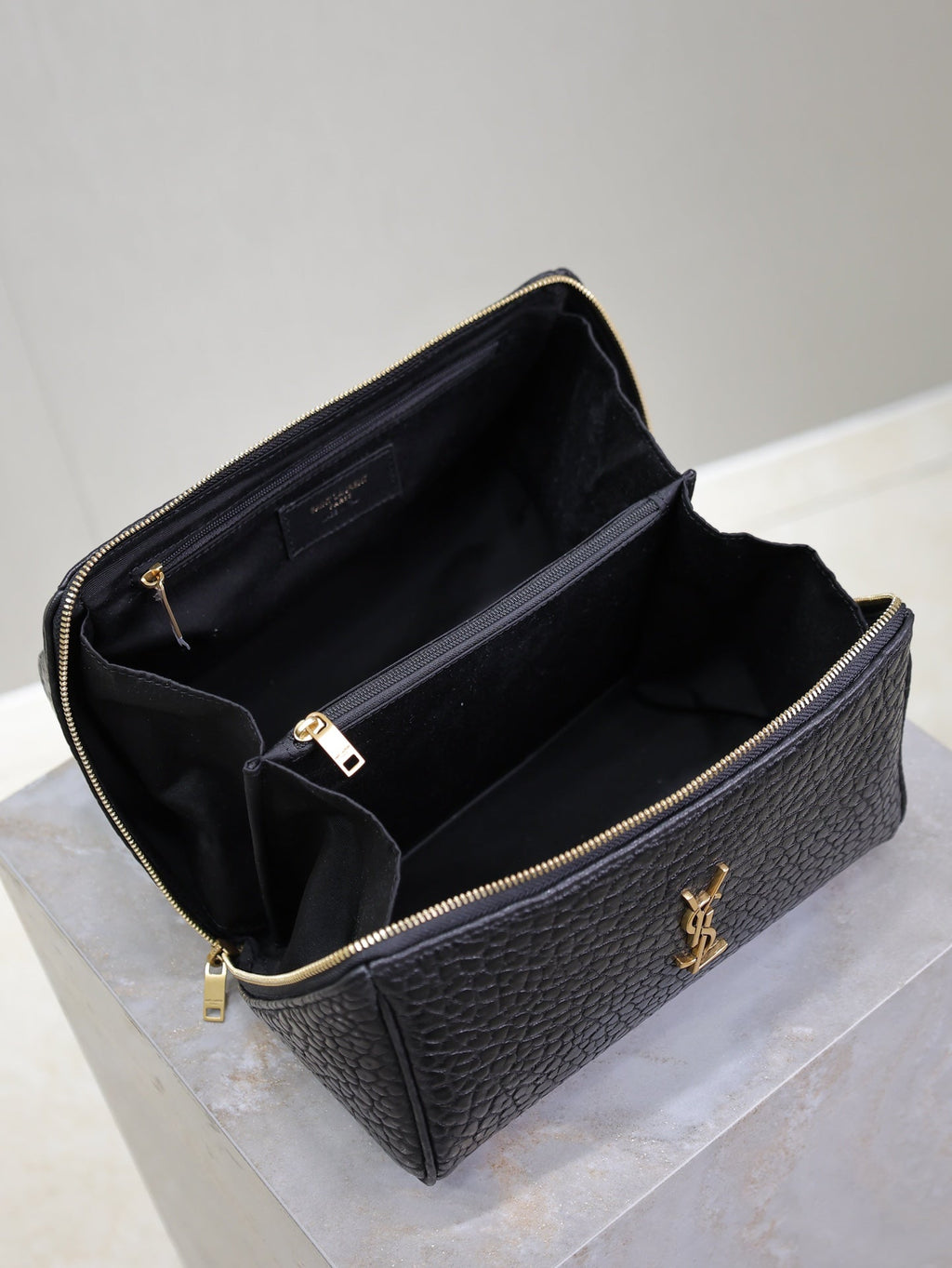 Saint Laurent Comestic Pouch in Black Lambskin Gold Logo