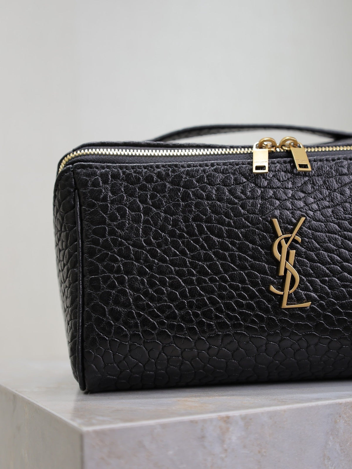 Saint Laurent Comestic Pouch in Black Lambskin Gold Logo